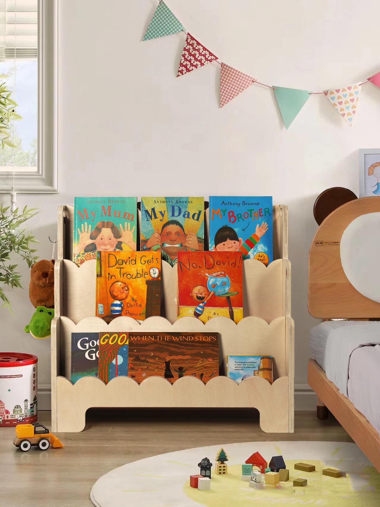 Kids Bookshelf Wooden 3-Tier, Scalloped Book Shelf for Kids Rooms, Front Facing Toddler