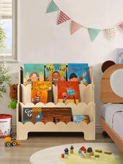 Kids Bookshelf Wooden 3-Tier, Scalloped Book Shelf for Kids Rooms, Front Facing Toddler