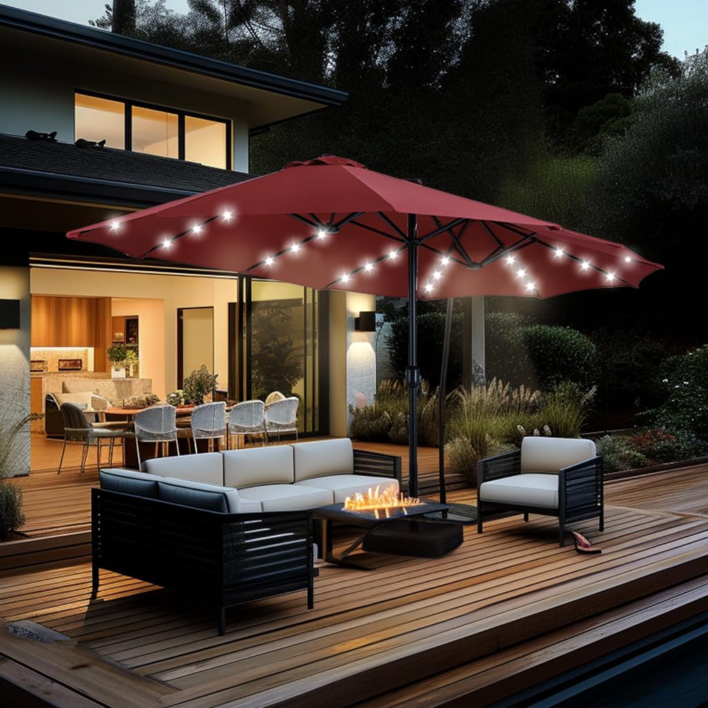 15 ft Rectangle Patio Umbrella with Solar Lights and Base Included