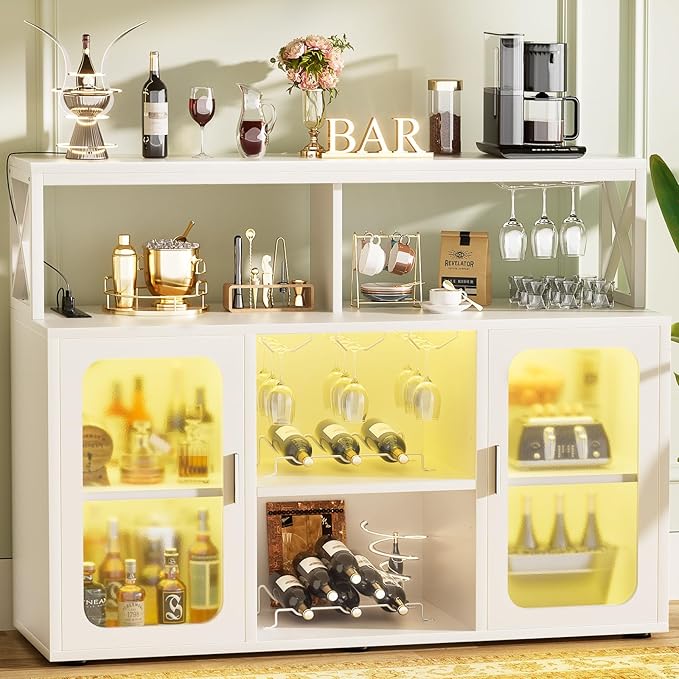Bar Cabinet with Power Outlets, Liquor Cabinet with Led Lights and Glass Holder