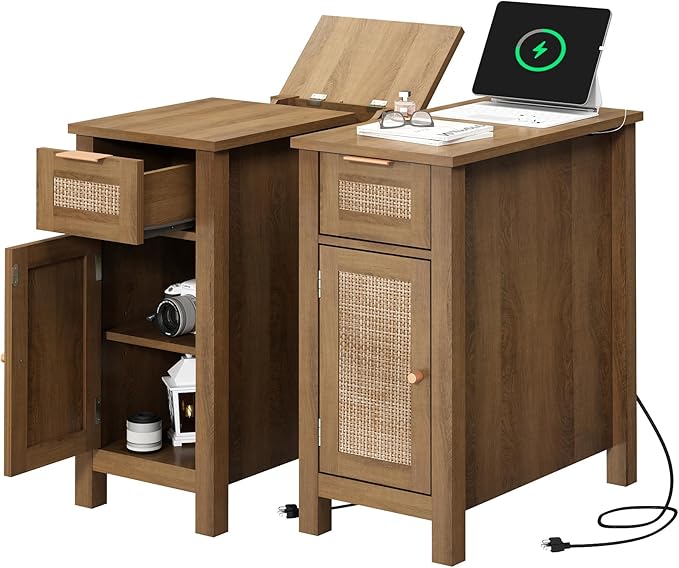 Narrow End Table with Charging Station - Midcentury Rattan Slim Side Table
