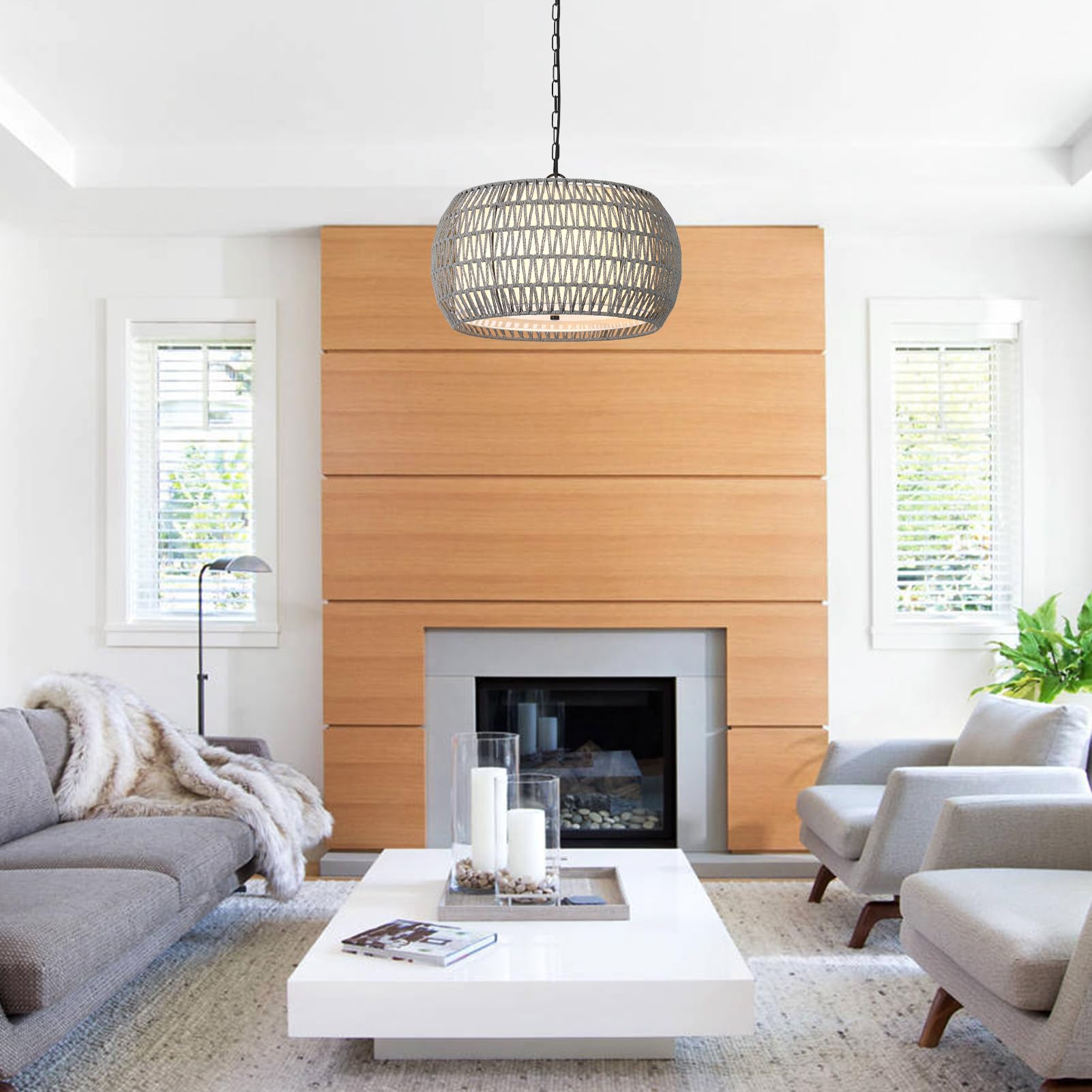 Farmhouse Chandelier Light Fixtures，5-Lights Rattan Dining Room Light Fixture