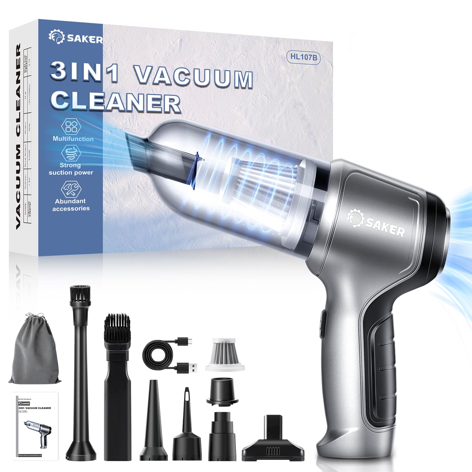 Vacuum Portable Cordless 3 in 1 Handheld Car Vacuum 15000PA High Power