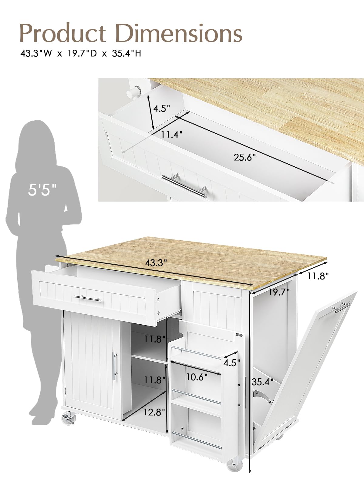 OtterOasis Kitchen Island with Storage, 31.5" D Rolling Kitchen Island Cart on Wheels with Widen Drop Leaf Rubberwood Top, Large Mobile Kitchen Island with Trash Can Storage and Towel Bar, White