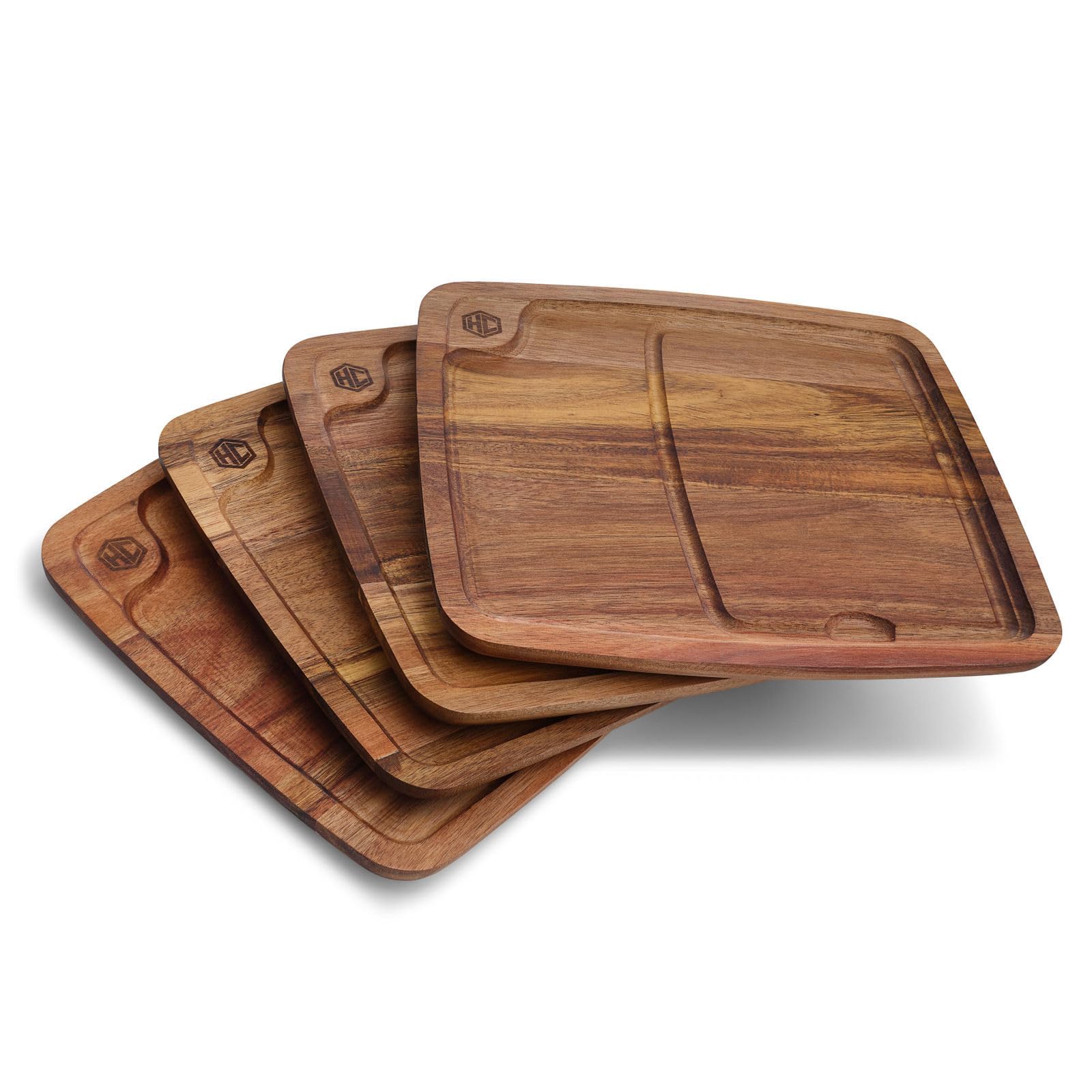 4-Piece Bistecca Wooden Steak Plate Set with Juice Channel for Meats