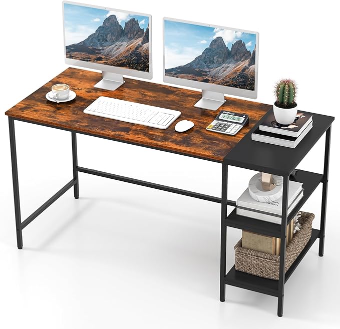 55’’ Computer Desk, Large Writing Desk with Open Shelves & Steel Frame