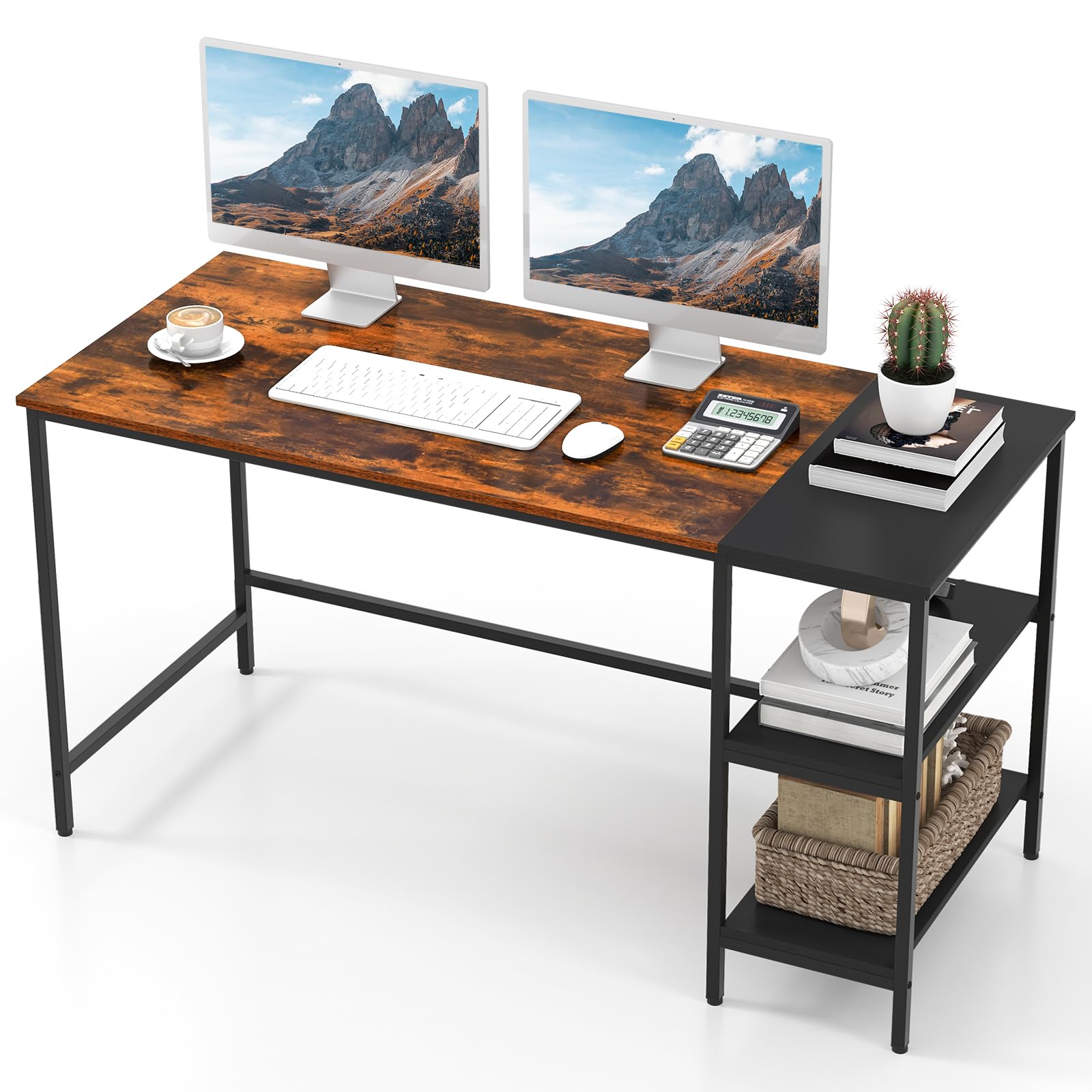 55’’ Computer Desk, Large Writing Desk with Open Shelves & Steel Frame
