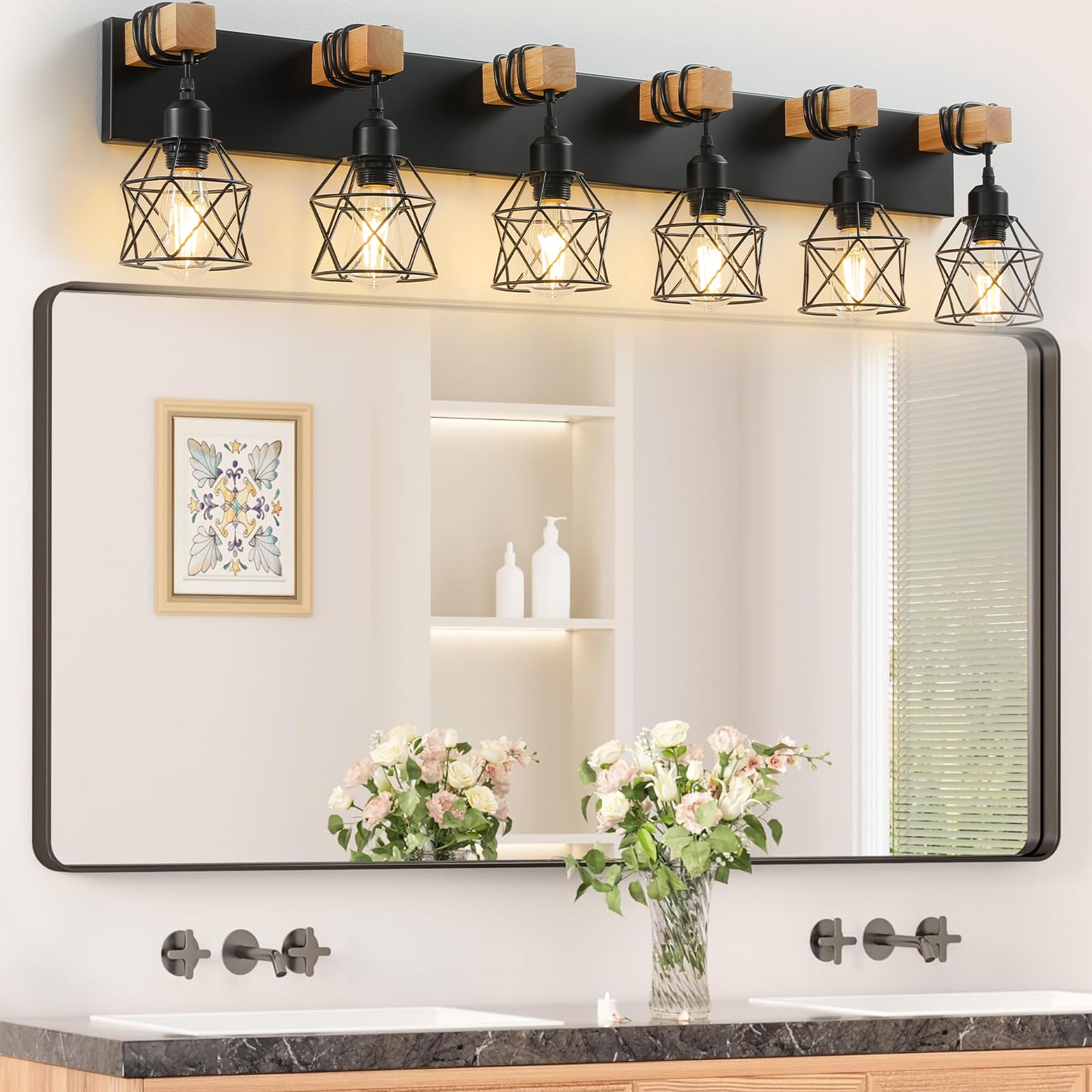 Farmhouse Vanity Light Fixture,6-Light Bathroom Lighting,Black Industrial Wood Wall Light