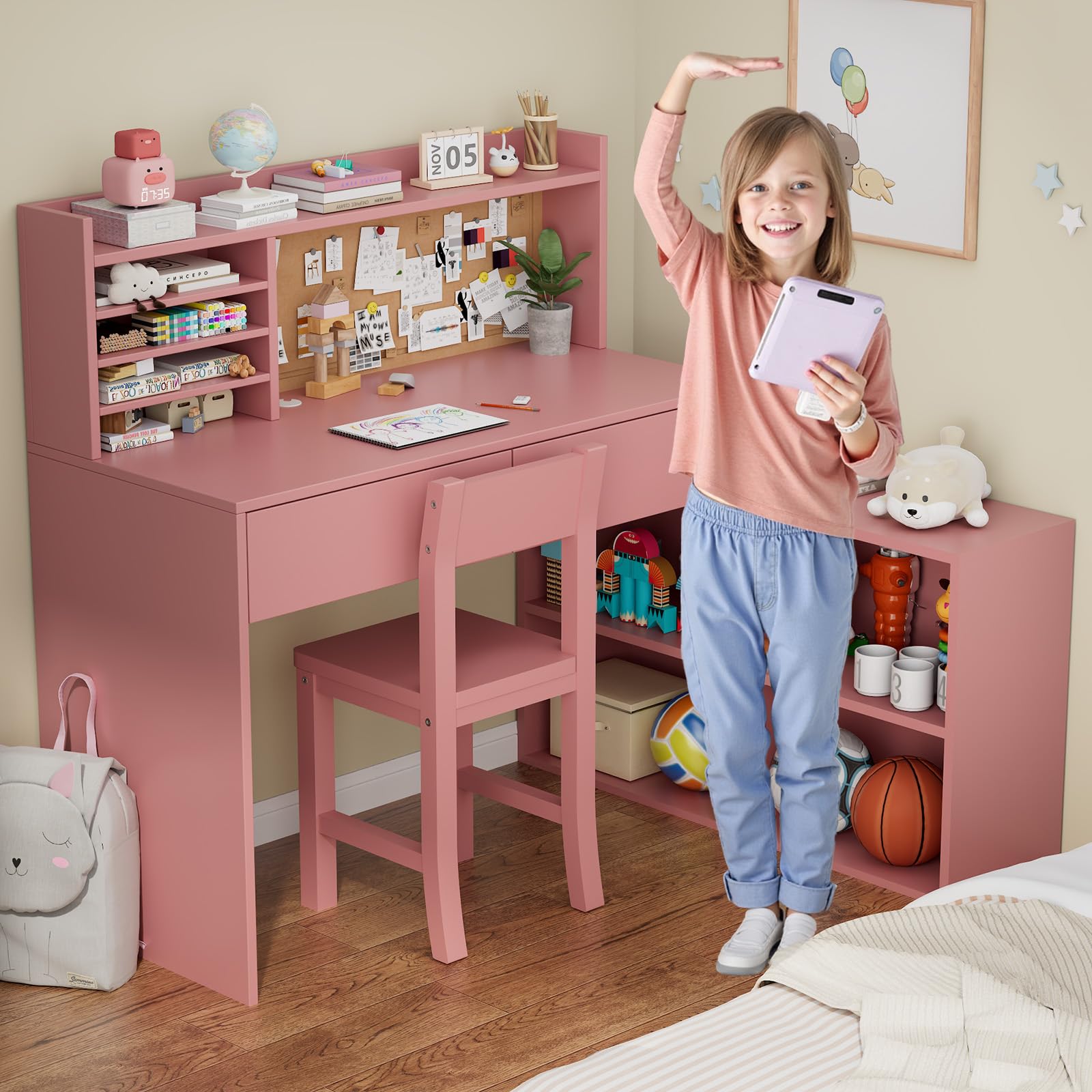 Desk and Chair Set, Kids Study Table and Chair Set with 2 Draws & 4 Cabinets