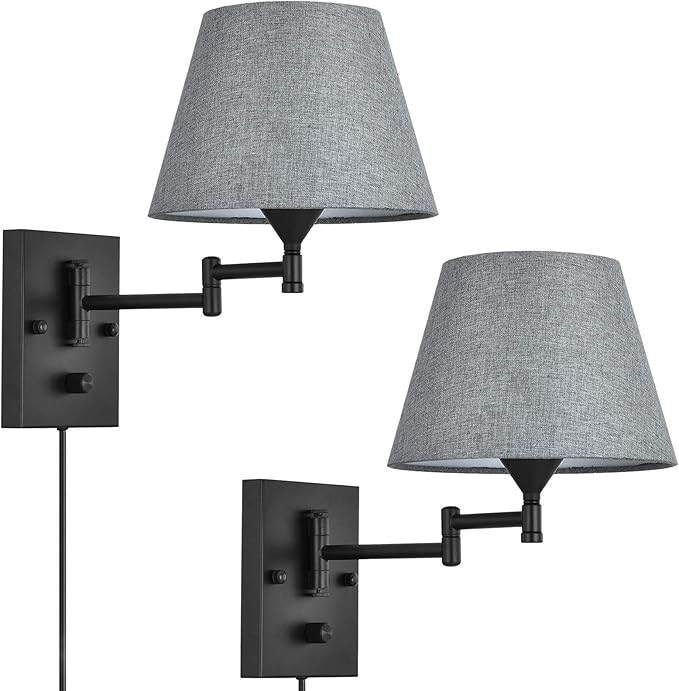 Wall Sconce Set of 2 Swing Arm Wall Lamp with Plug in Cord and Fabric Shade