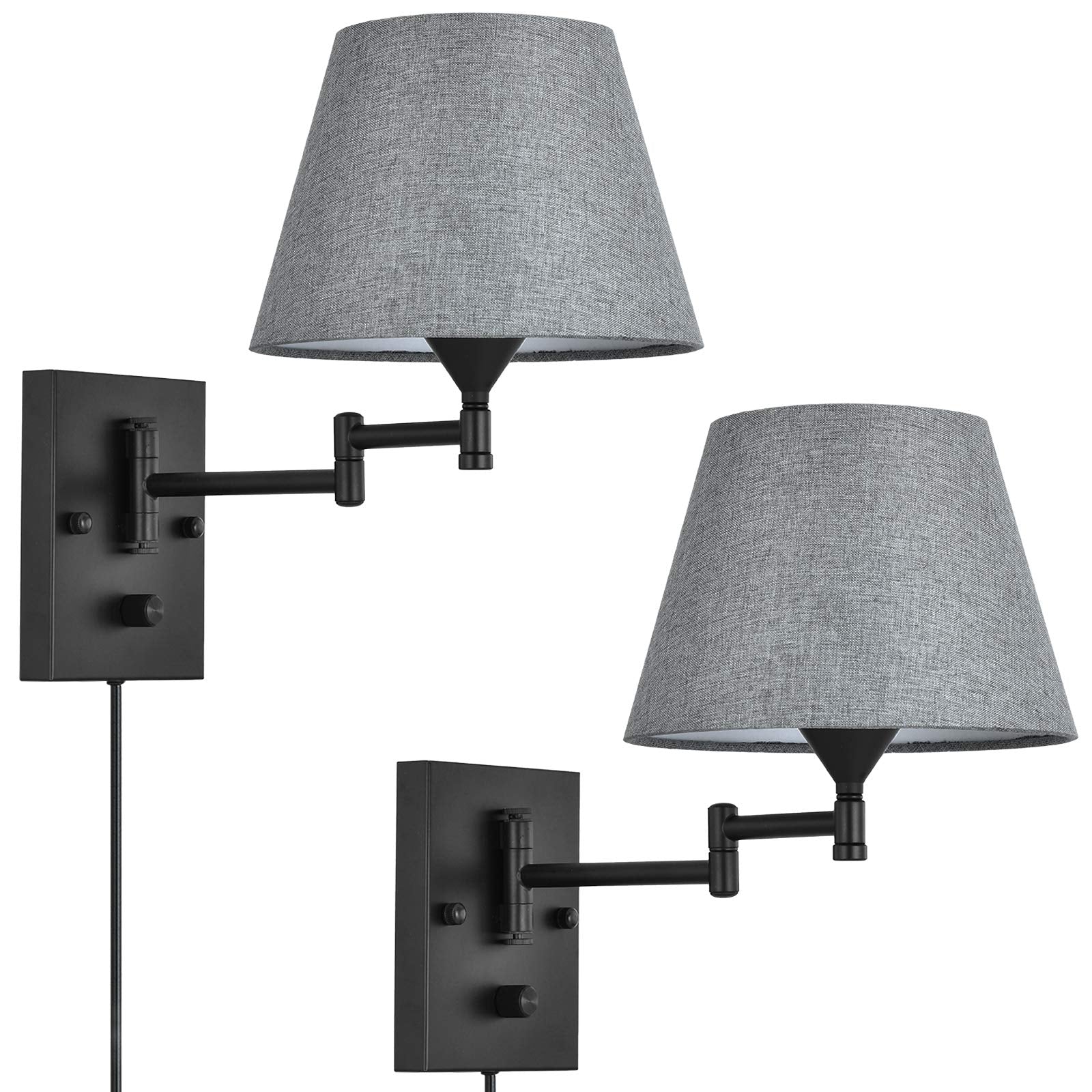 Sconce Set of 2 Swing Arm Wall Lamp with Plug in Cord and Grey Fabric Shade Wall