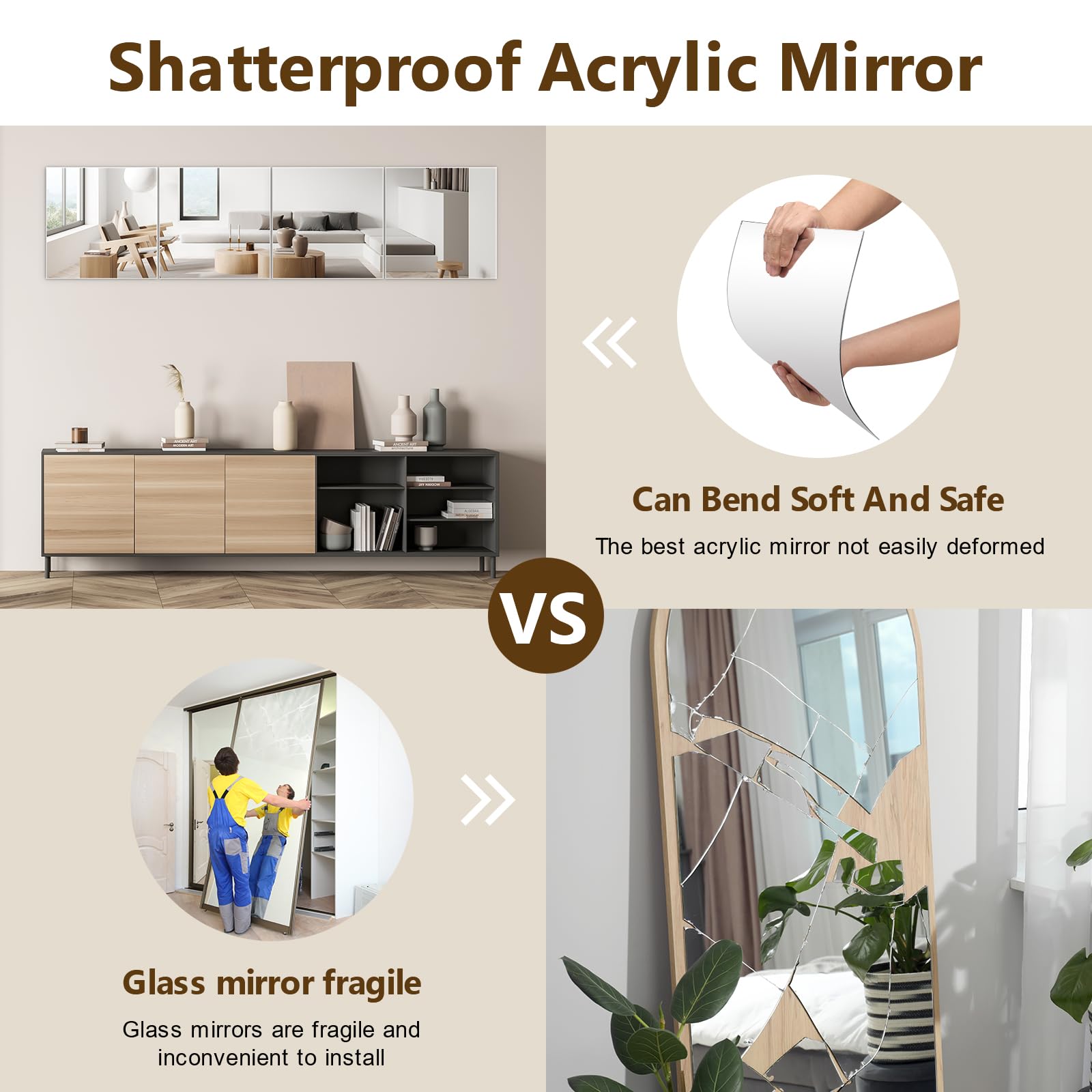Shiftshade 4 Pack Wall Mirror Full Length, 12 x 12 Inch Acrylic Mirror Tiles, Shatterproof Flexible Plastic Mirror Sheets for Bedroom Home Gym Door