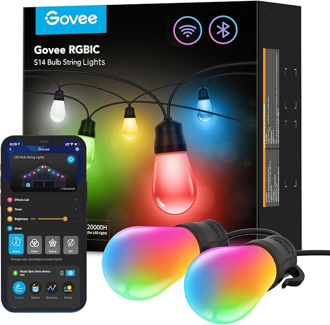 Smart Outdoor String Lights H7021, RGBIC Warm White 96ft (2 Ropes of 48ft) LED Bulbs