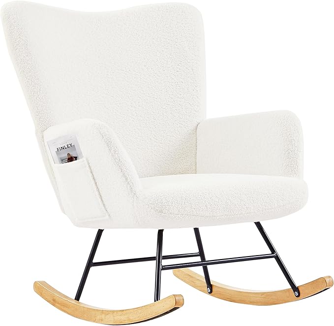 Chair Nursery Teddy Upholstered Glider Rocker with High Backrest, Padded Seat,
