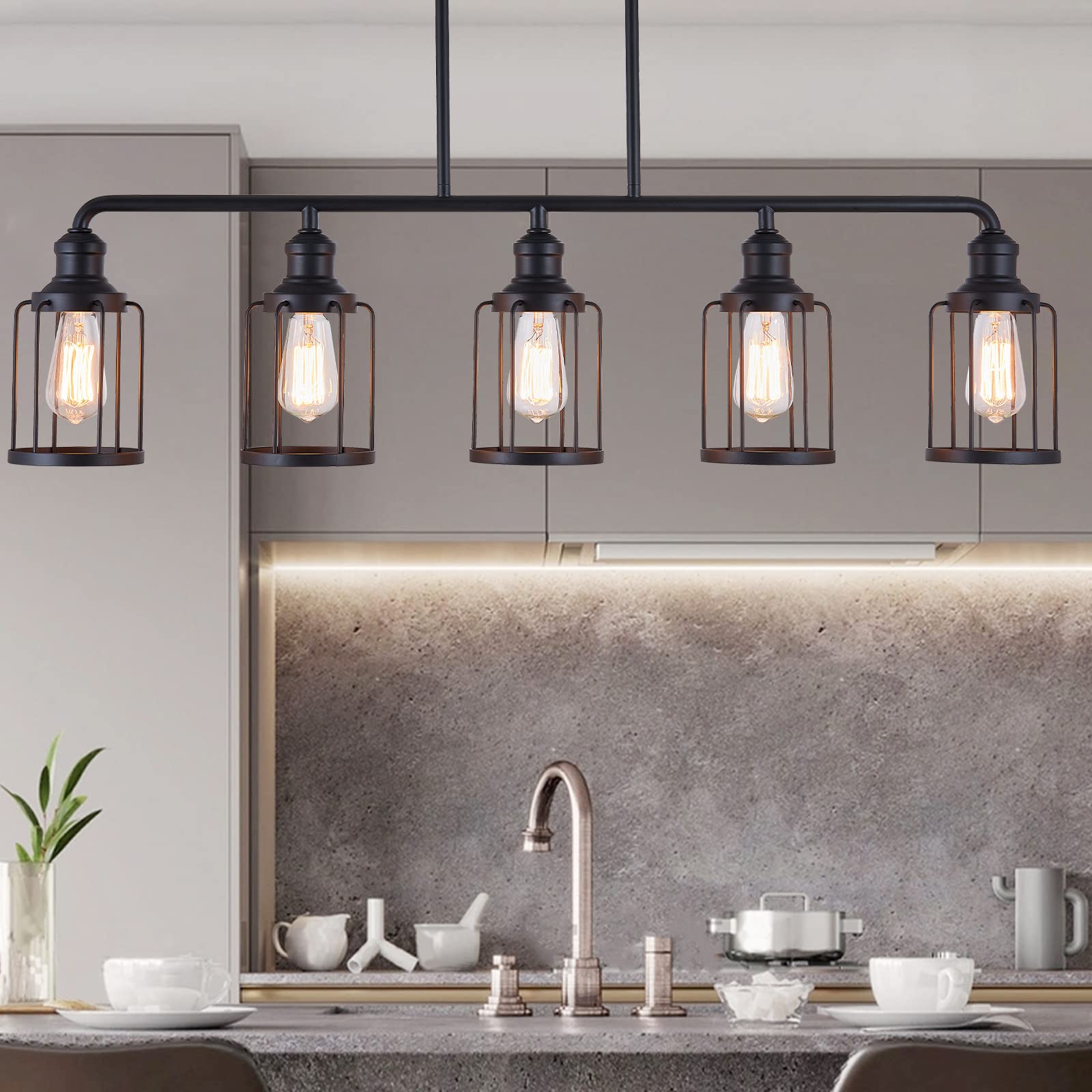 Kitchen Island Light,5-Light Dining Room Light Fixture, Cage Linear Pendant Lighting