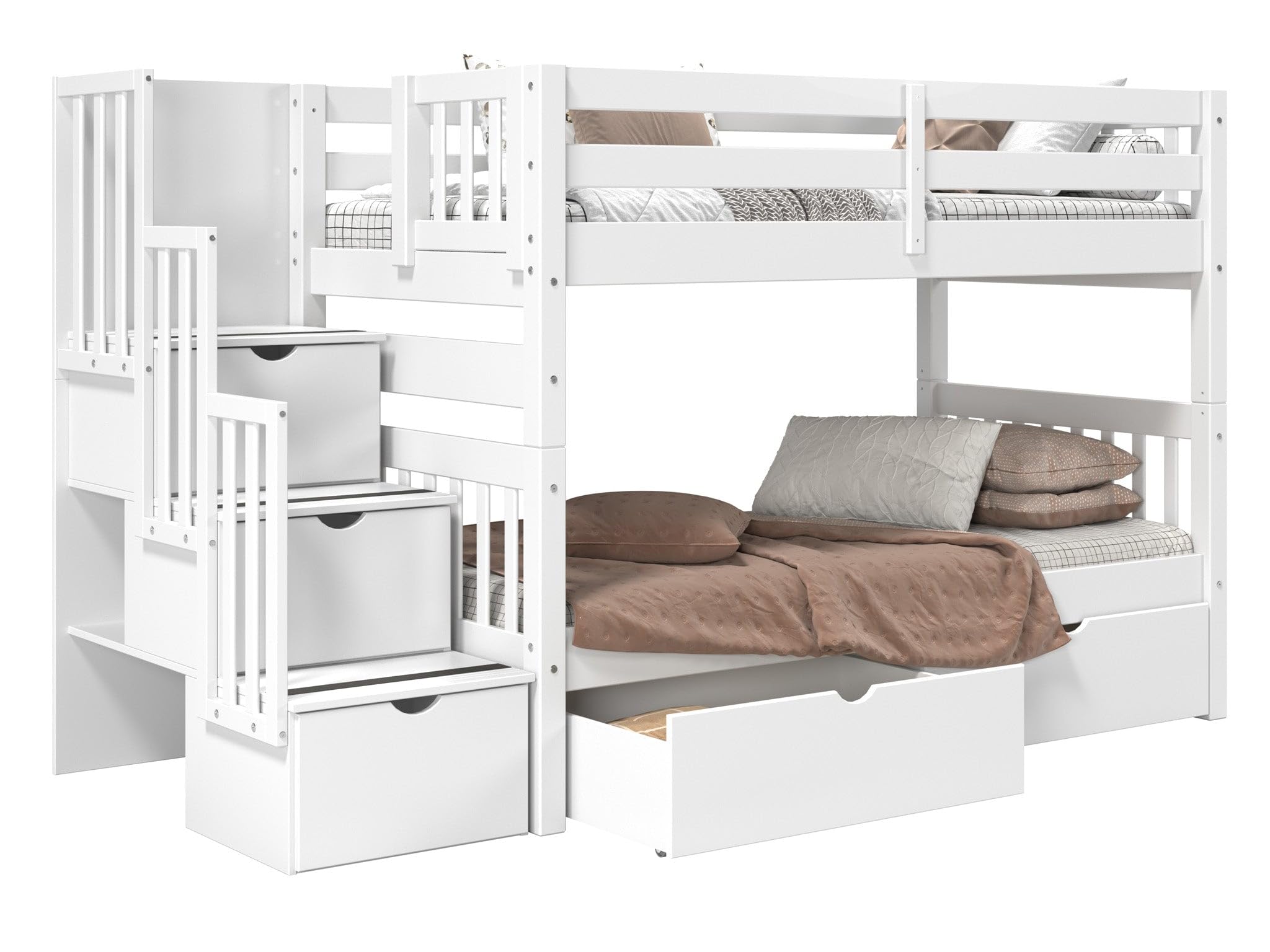 Stairway Bunk Beds Twin over Twin with 3 Drawers in the Steps and 2 Under Bed Drawers