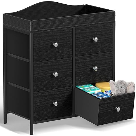Changing Table Dresser with 6 Fabric Drawers, Baby Dresser with Changing Table