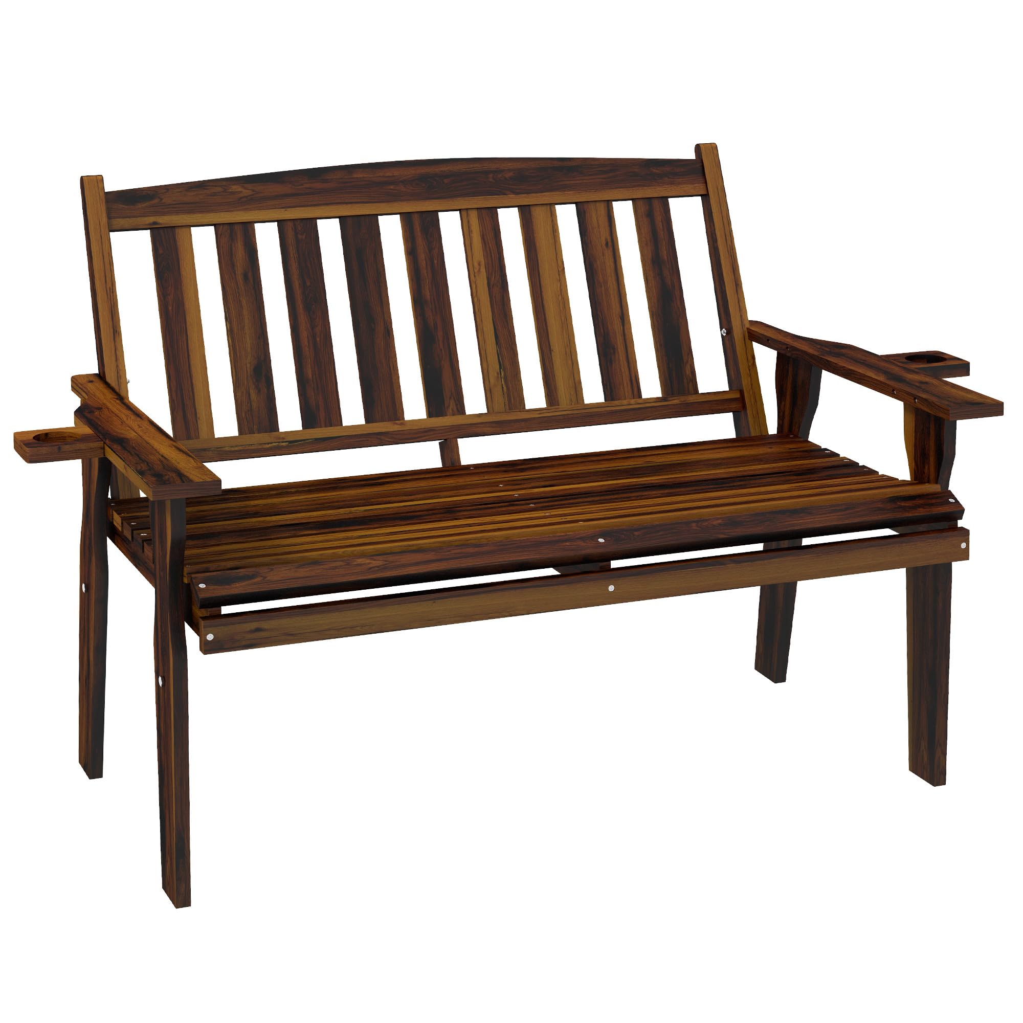 Wood Outdoor Bench, 2-Person Garden Bench with Cupholder Armrests