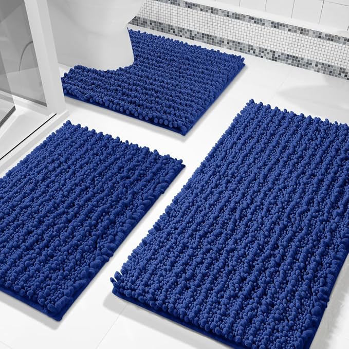 Bathroom Rugs Sets 3 Piece, Fluffy Plush Chenille Bath Room Mats Set