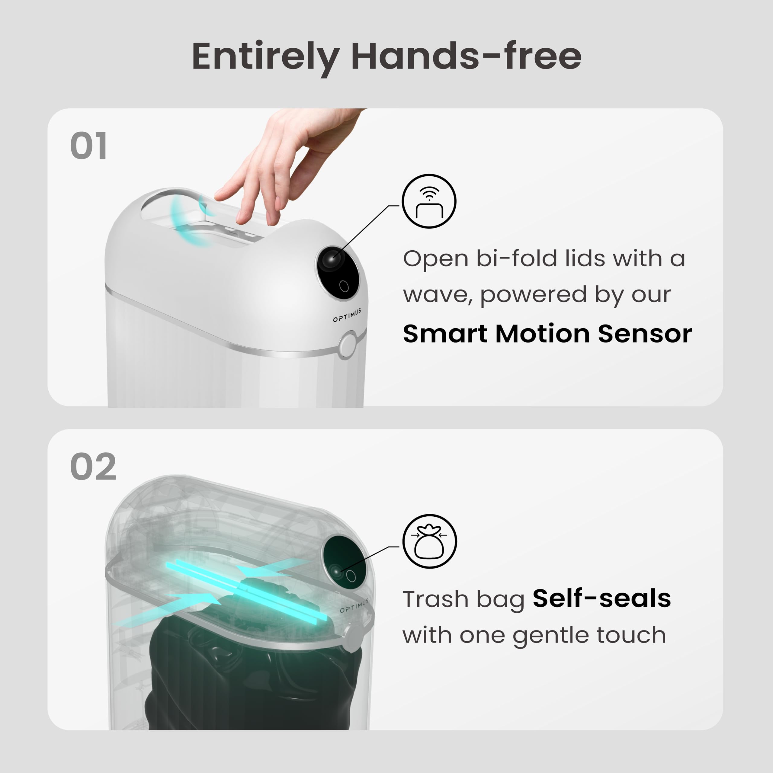 OPTIMUS TECHNOLOGY Automatic Self Sealing Trash Can Smart Trash Can Motion Sensor Touchless Garbage Bin Kitchen Bathroom Office 1 Refill Bag Rings Neos