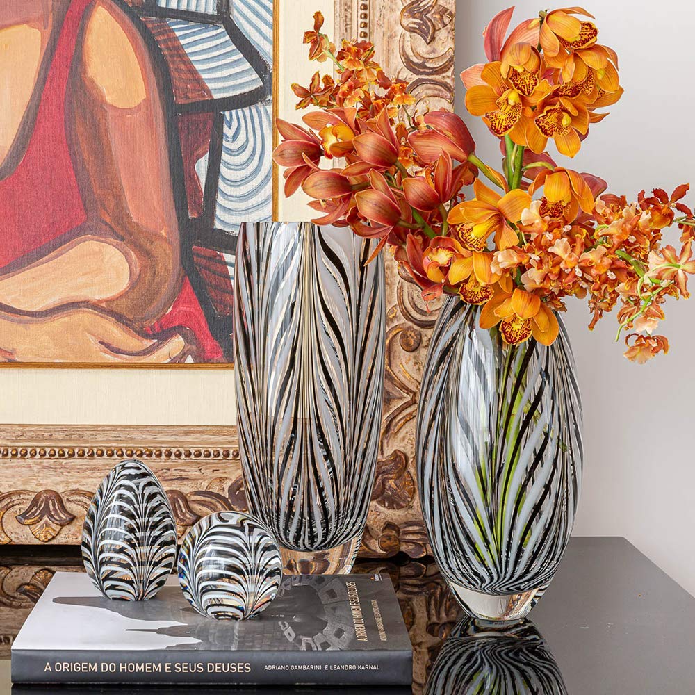 Glass Vase Black and White Feather Pattern Hand Blown Murano-Style Art Glass