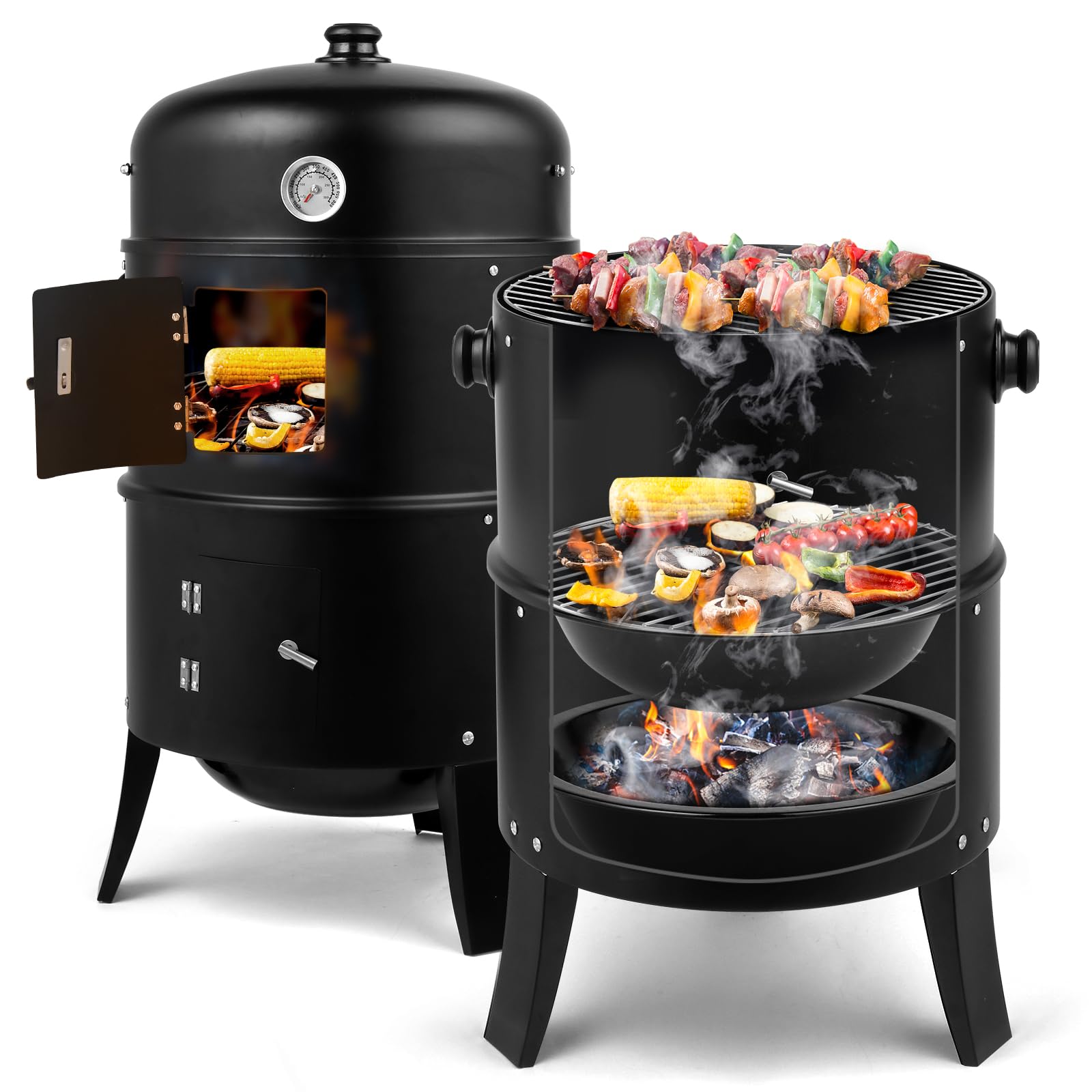 Vertical 17 Inch Charcoal BBQ Smoker, 3-in-1 Portable Outdoor Grill Cooker
