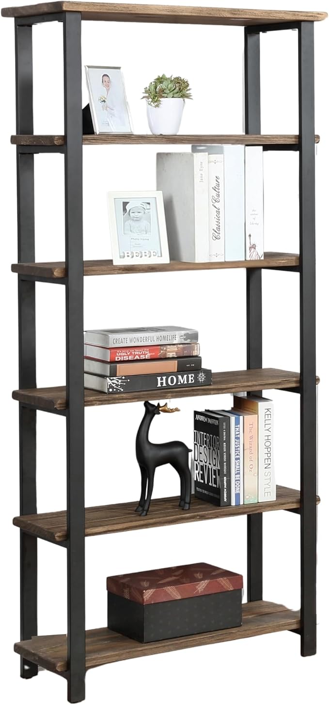 Pomona 70-Inch Tall 5-Shelf Solid Solid Wood & Metal Bookcase