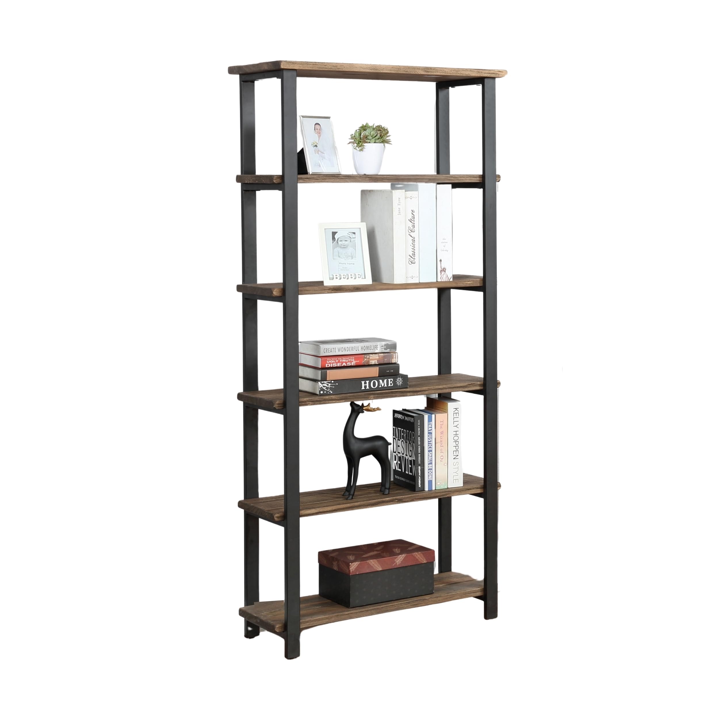 Pomona 70-Inch Tall 5-Shelf Solid Solid Wood & Metal Bookcase