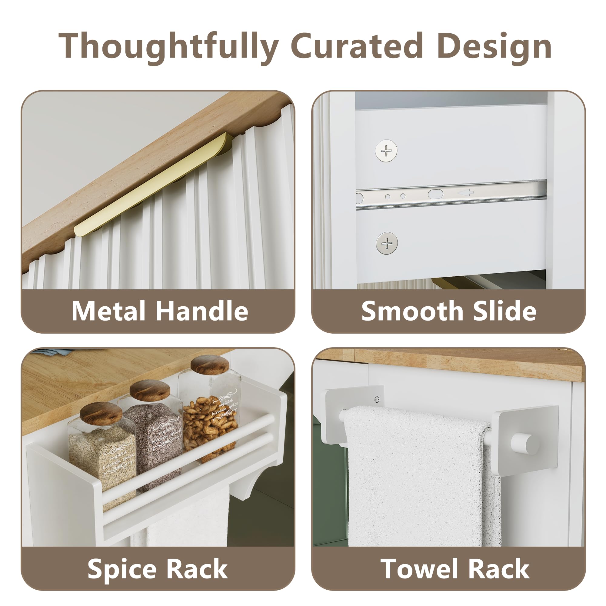 win2win Rolling Kitchen Island with Storage, Portable Kitchen Island with Drop Leaf Breakfast Bar, Modern Farmhouse Bar Cart on Wheels with Fluted Design, Towel Rack, Spice Rack, White