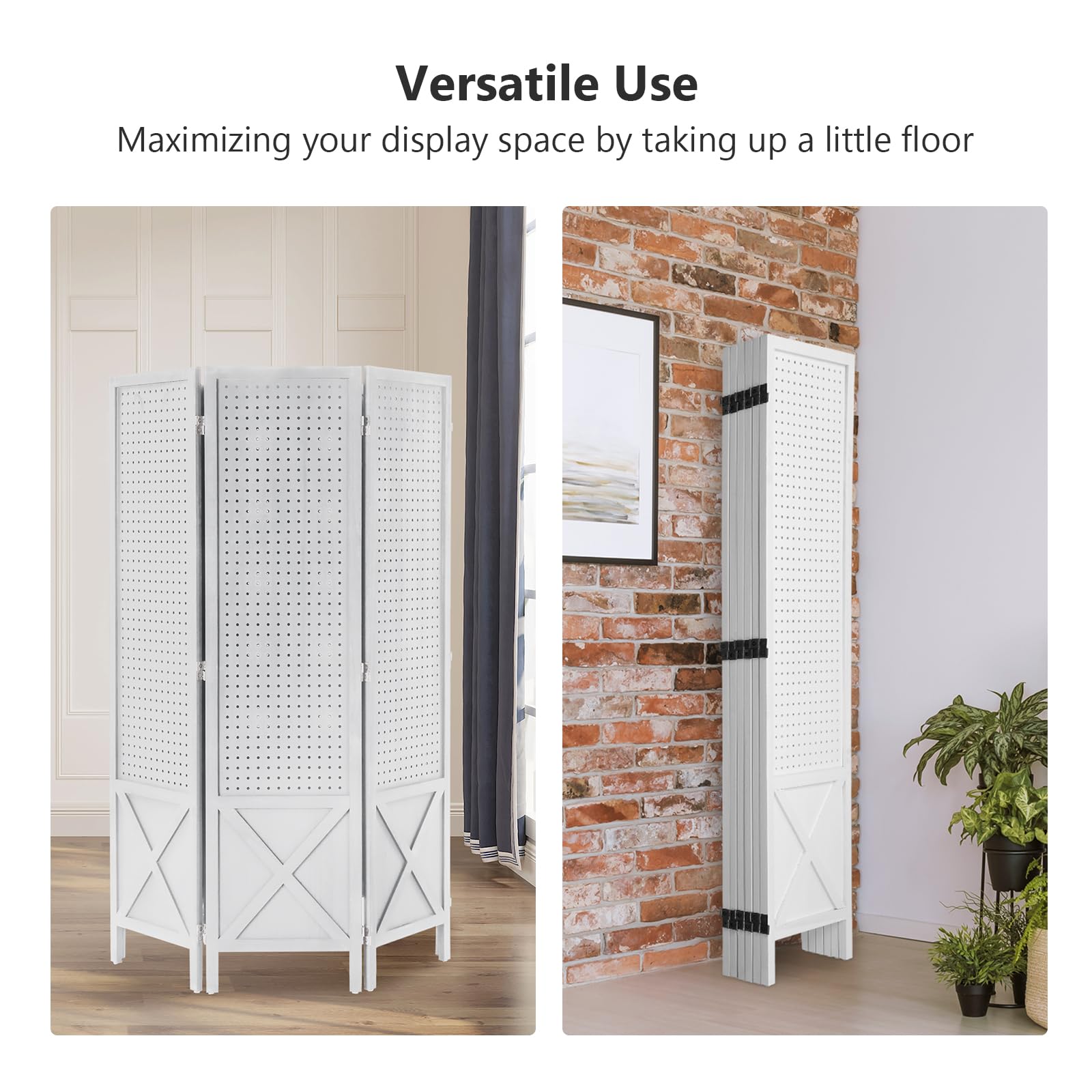 VINGLI Freestanding Pegboard with Support Feet, 5 FT Wood Room Divider Display Board Organizer, Folding Privacy Screen Partition Space Separator for Craft Shows Events Retail (White, 6 Panel)