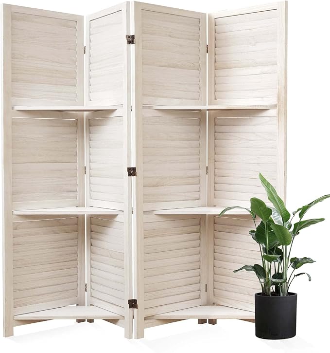 Room Divider with Shelves, 68.9inch Wood Carved and Louvered Wall Divider