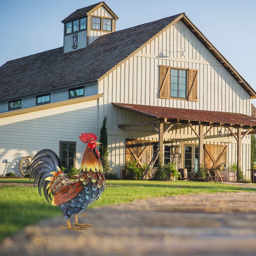 Rooster Decor Garden Statue Metal Chicken Yard Art Sculpture Outdoor Figurines