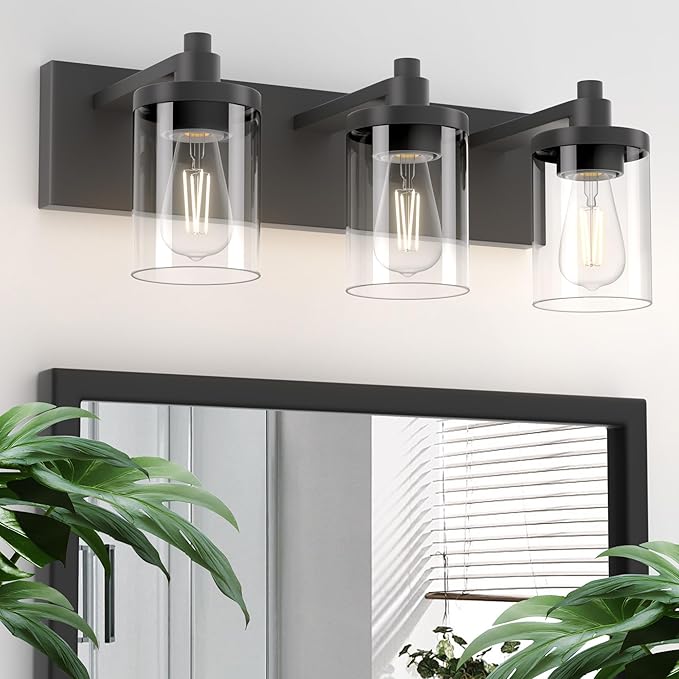 Bathroom Vanity Light, 4 Light Matte Black Light Fixture with Clear Glass Shade