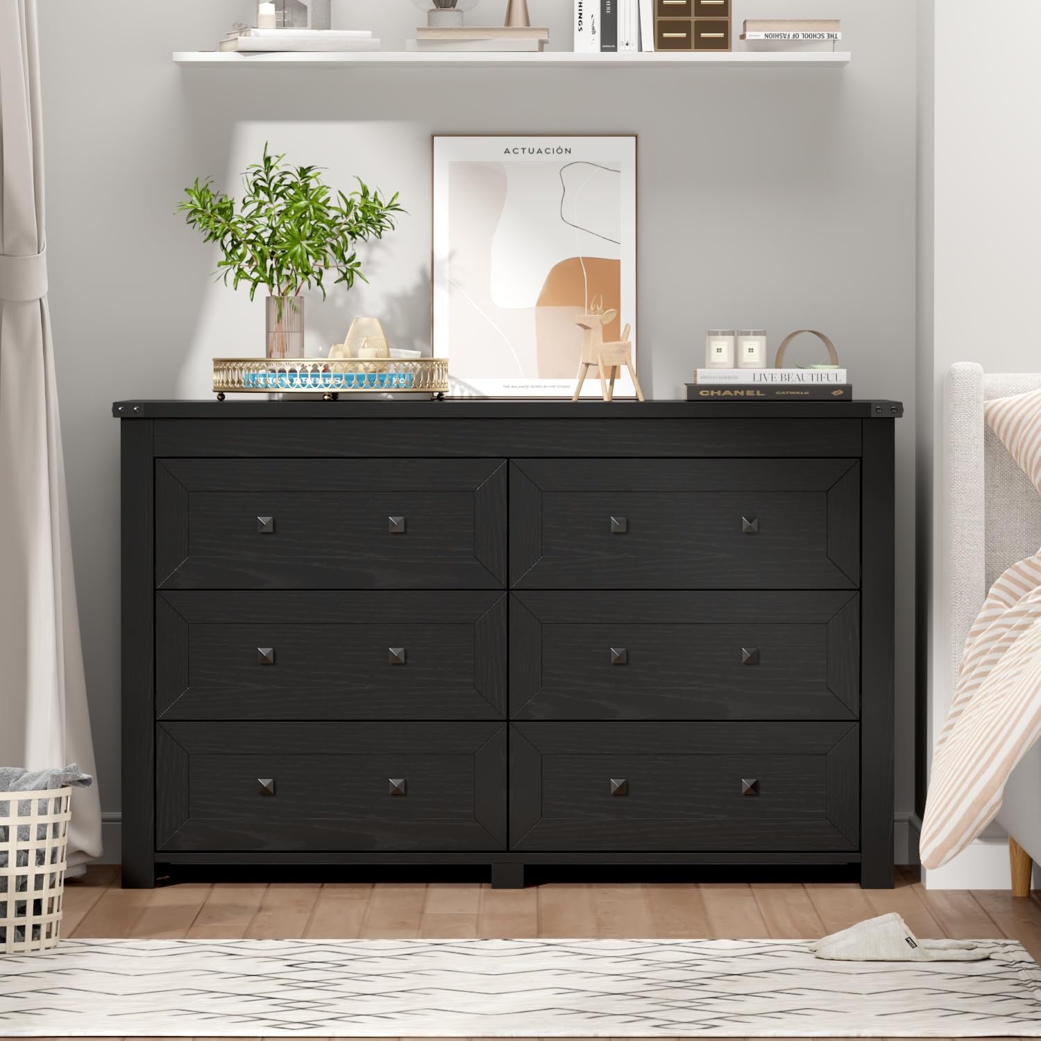 Black Dresser for Bedroom, 6 Drawer Wood Chest of Drawers