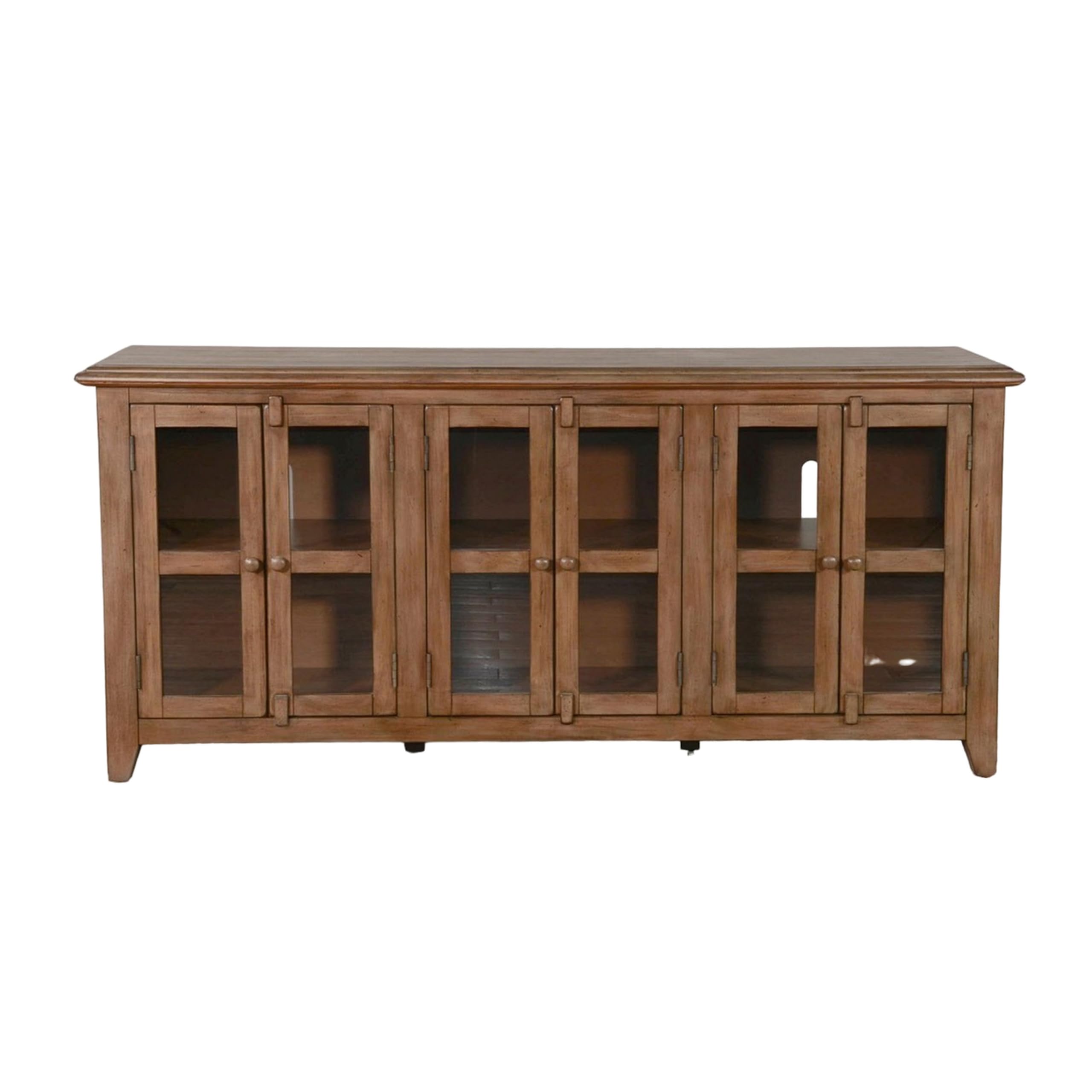 Yael TV Media Console, 6 Shelf, Glass Doors, 70 Inch Light Wood, Brown and Clear