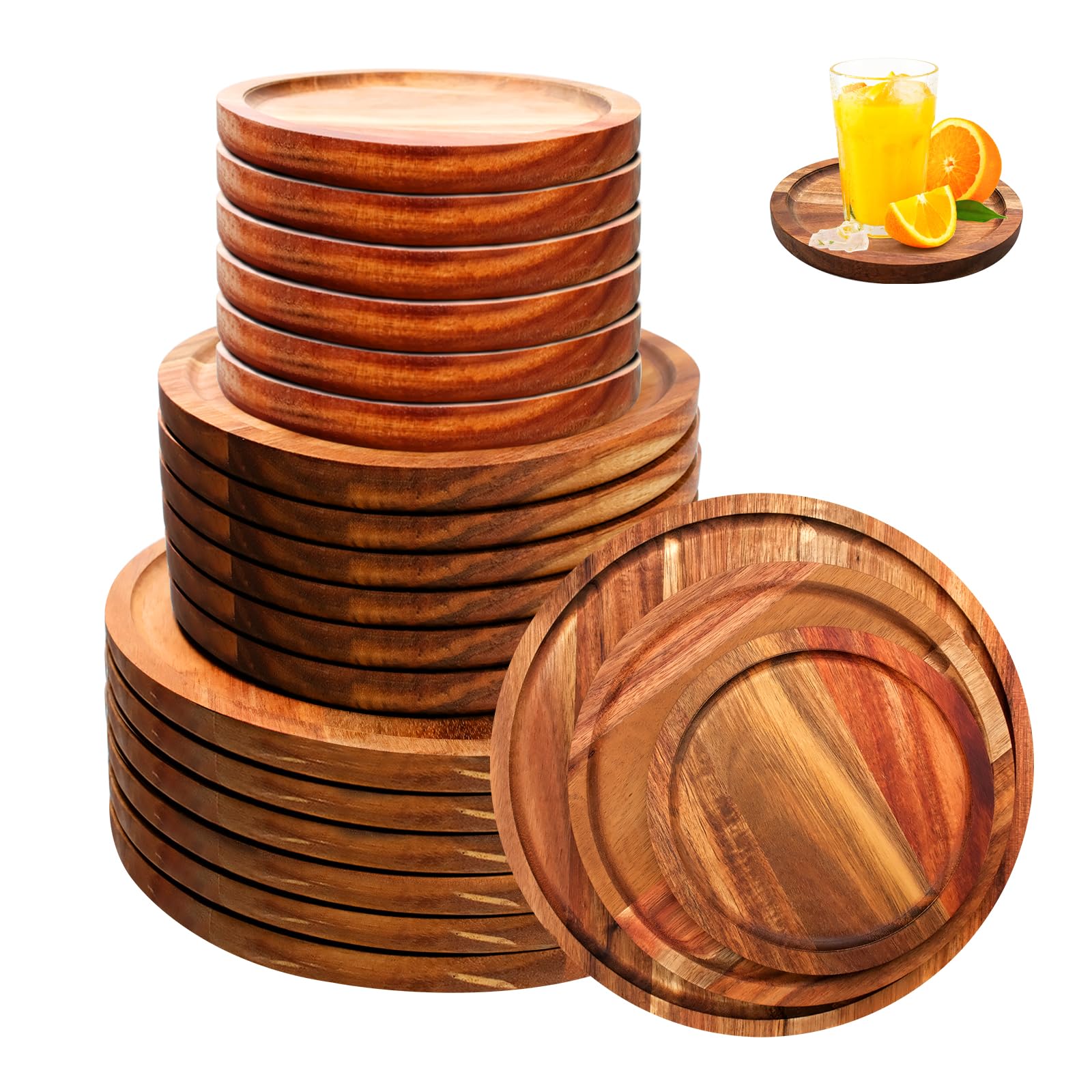 18 Pcs Round Acacia Wood Dinner Plates Set 6 8 10 Inch Natural Classic Food Trays