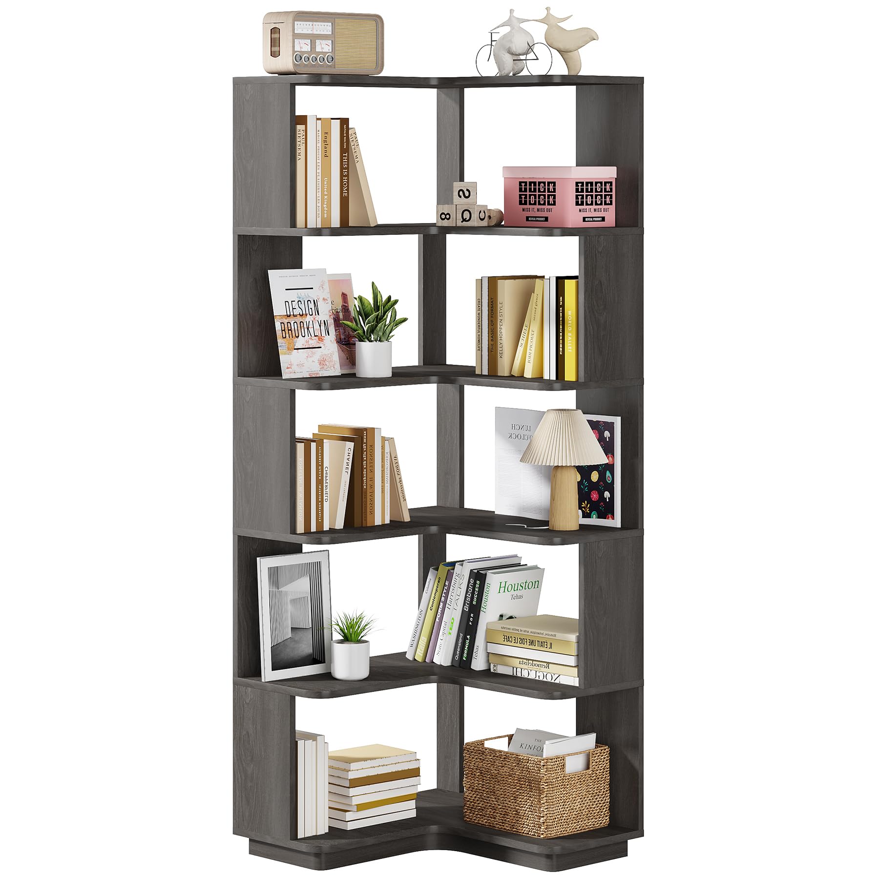 65-Inch Tall Corner Bookshelf, 6-Tier Industrial Corner Bookcase with Side Panels