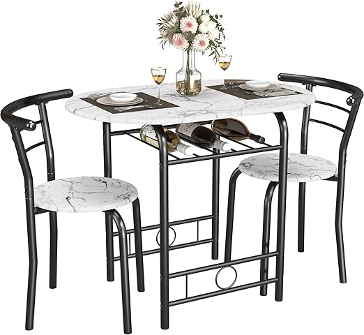 3-Piece Wooden Round Table & Chair Set, Space Saving Kitchen Breakfast Nook Wood
