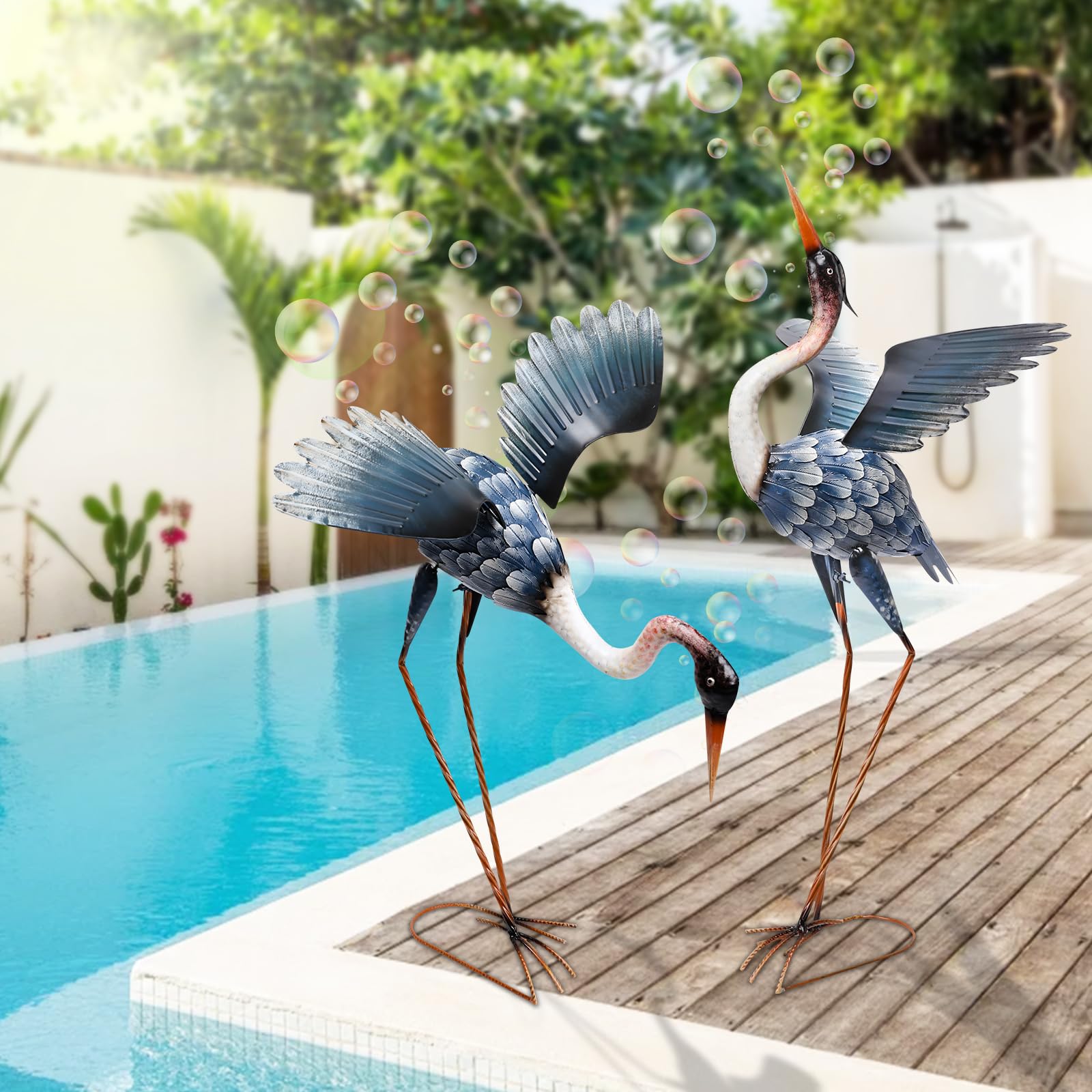 Crane Garden Statues for Outside, 2 Pack Blue Heron Garden Sculpture Statue