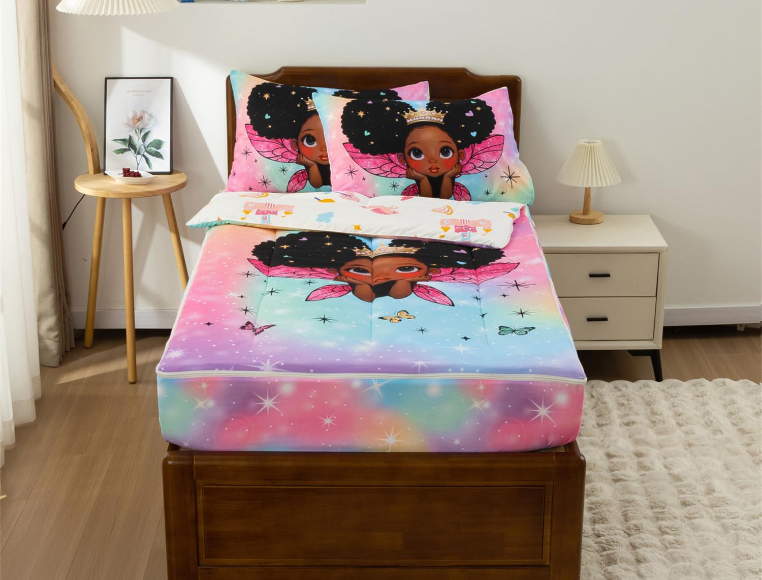 Bedding for Black Girl Princess with Wings Zippered Comforter Set,Pink Gradient