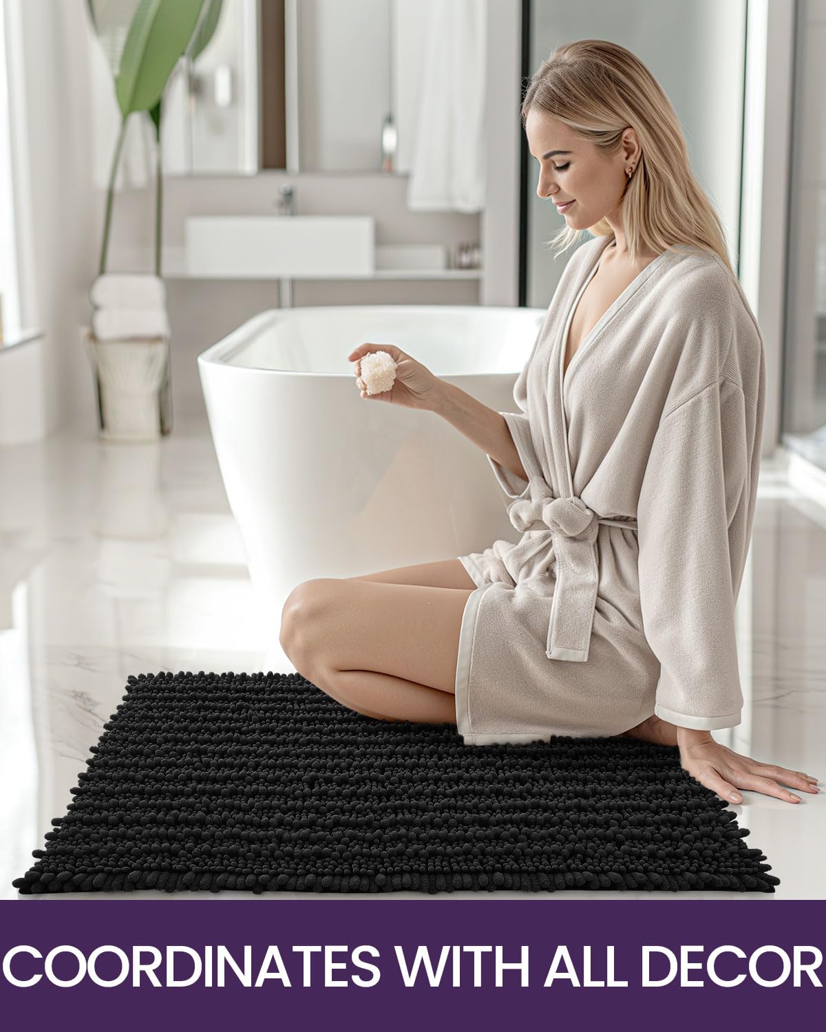 DEXI Bathroom Rug 24x43, Super Soft Thick Chenille Absorbent Bath Mat, Non Slip Machine Washable Fluffy Shag Bathmat for Tub, Shower Floor, Black