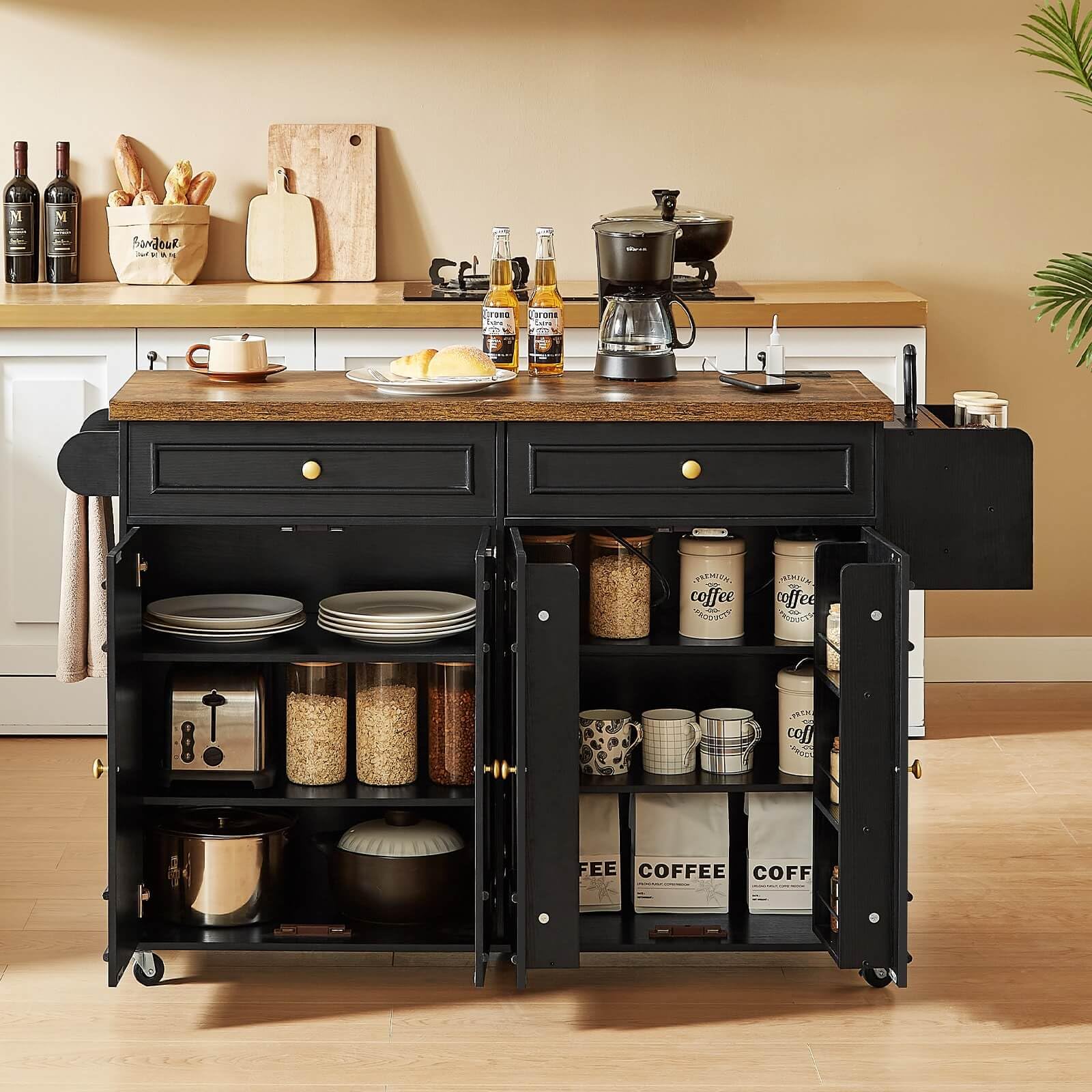 58" Mobile Kitchen Island, Kitchen Island Cart with Power Outlet