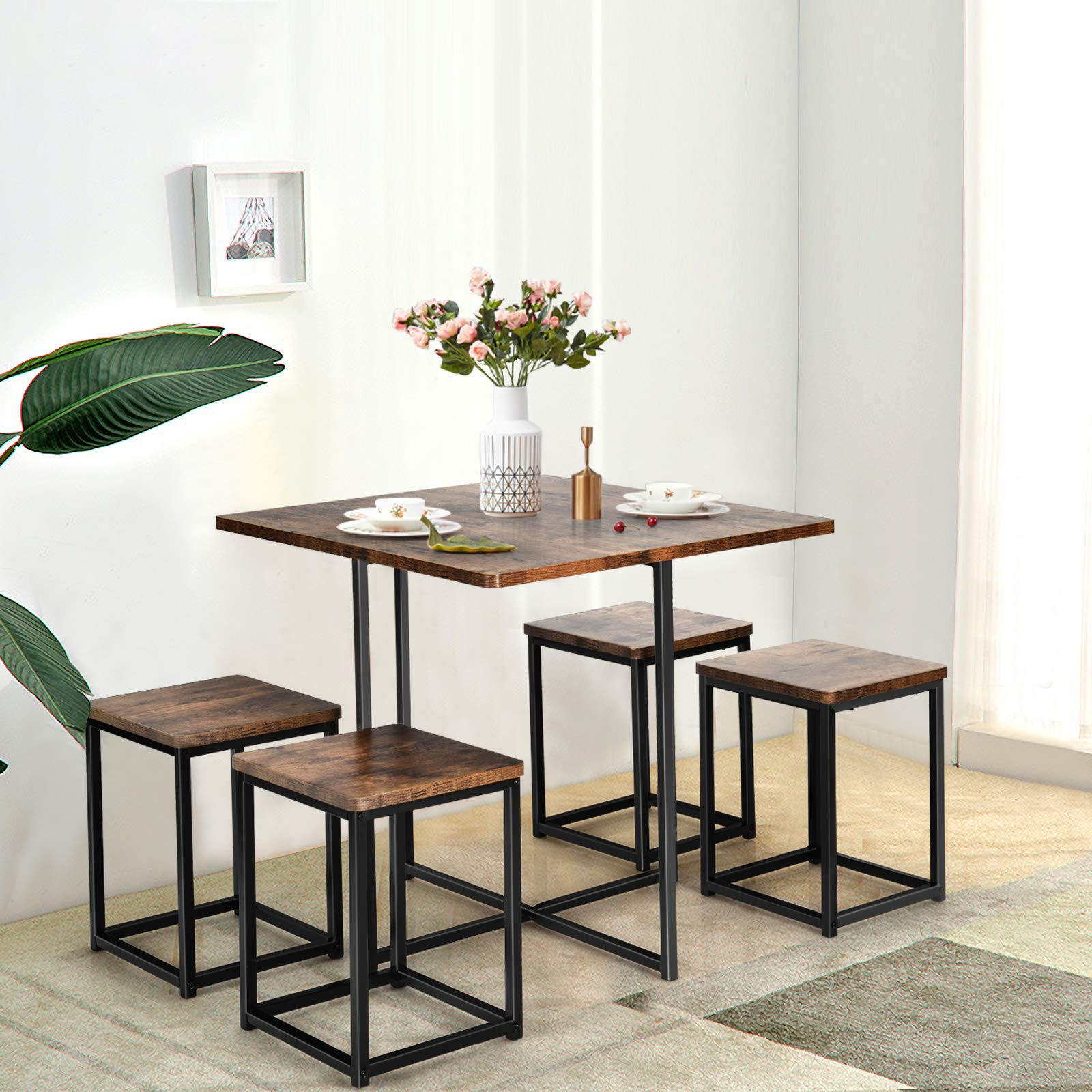 5 Piece Dining Table Set, Dining Set for 4 with Square Stools