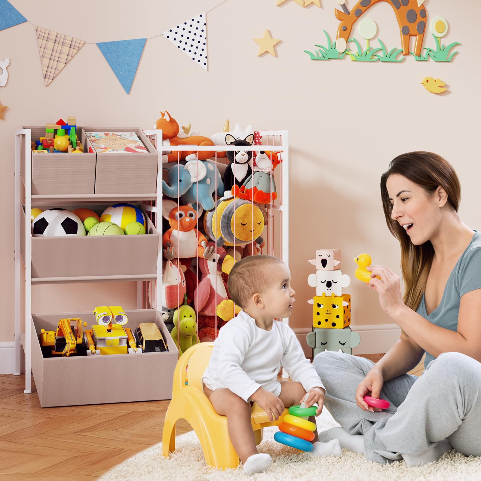 Stuffed Animal Storage - Kids Storage Organizer with 4 Removable Bins, Kids Storage Toy