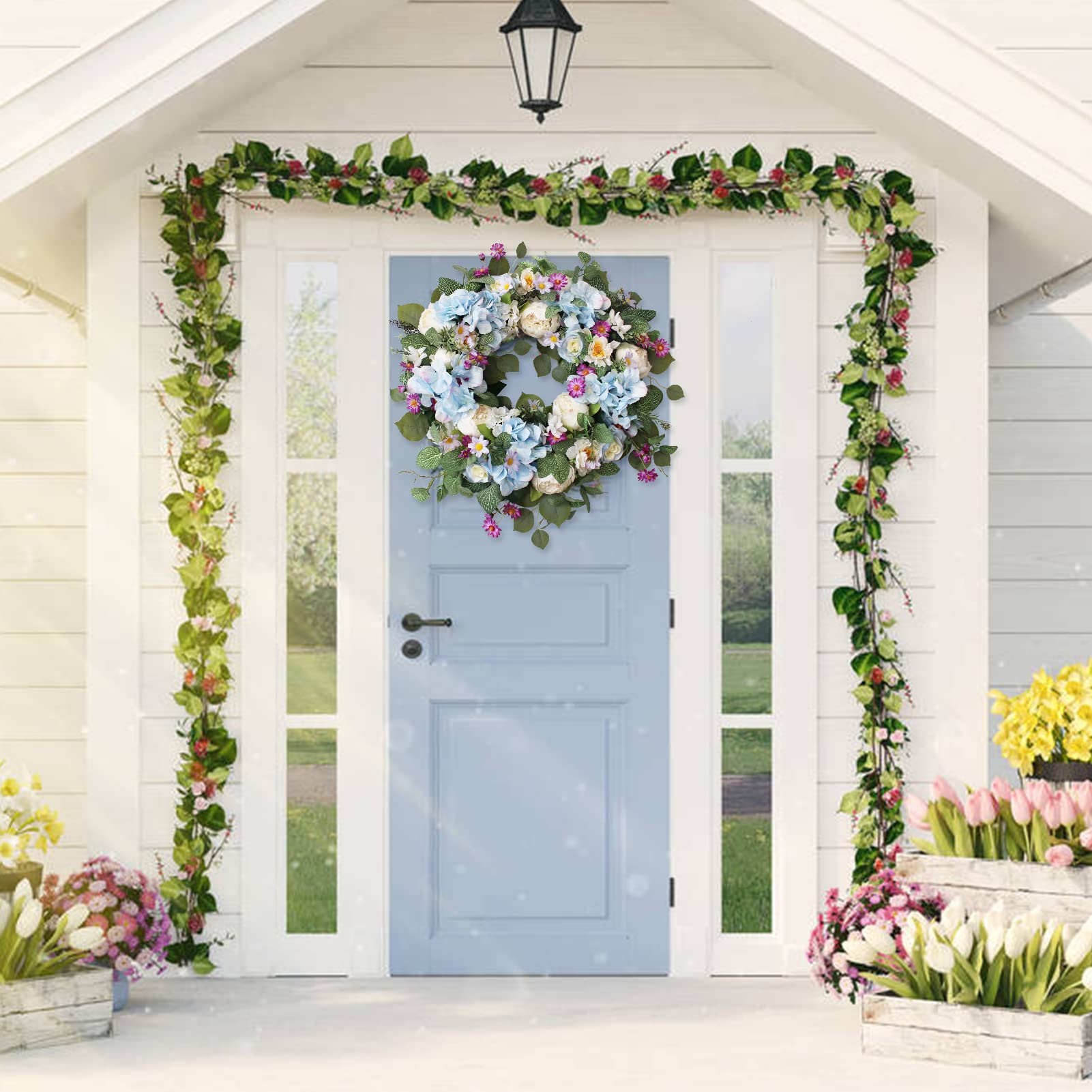 24 Inch Summer Wreaths for Front Door, Summer Wreath,Blue Hydrangea Wreath