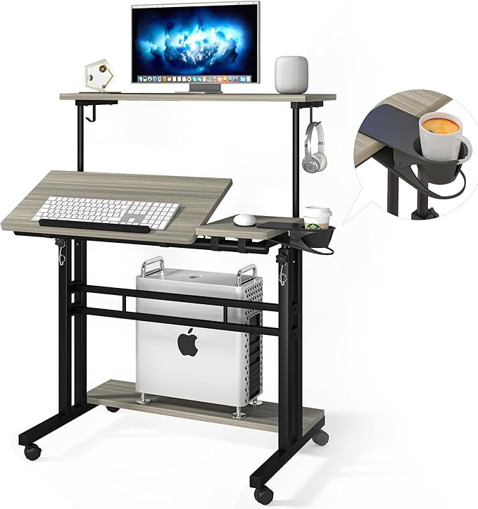 Adjustable Rolling Computer Desk with 3 Desktops, Portable Laptop Table
