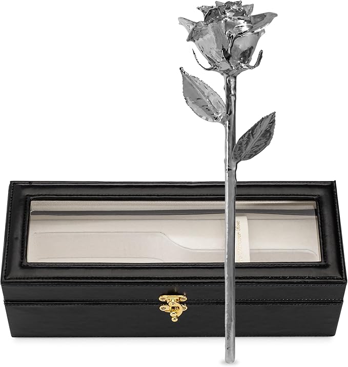 Real Rose Dipped in Platinum, Handcrafted Preserved Rose in Clear Glass Bud Vase