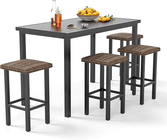 Outdoor Tall Bar Table, 55”x27” Counter Height Dining Table with Wood-Like Metal