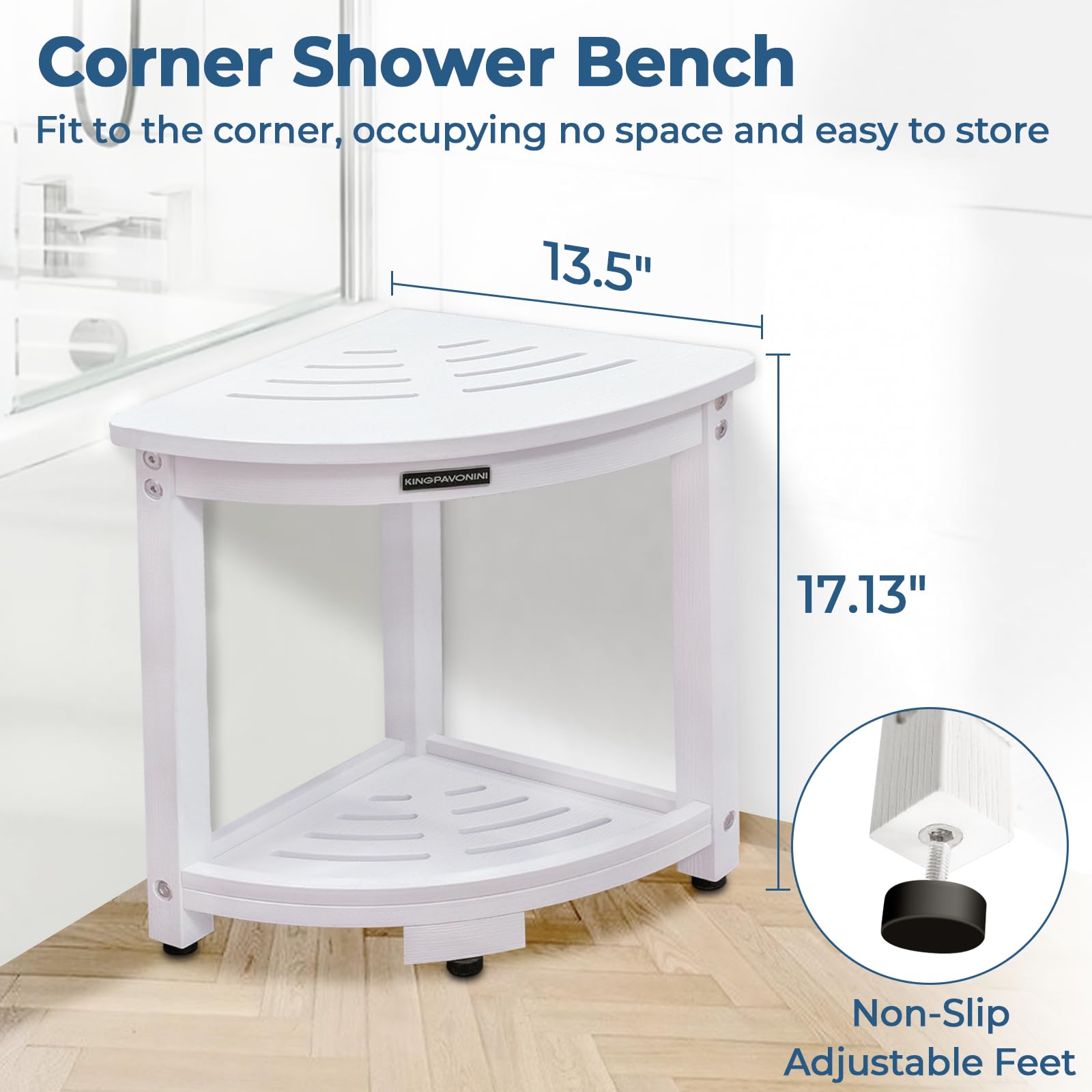KingPavonini HDPS Shower Bench for Inside Shower Waterproof, Anti-Fading Corner Shower Stool for Shaving Legs, Anti-Fracture Shower Seat with Storage Shelf, Rapid Assembly, Load 400 Pounds
