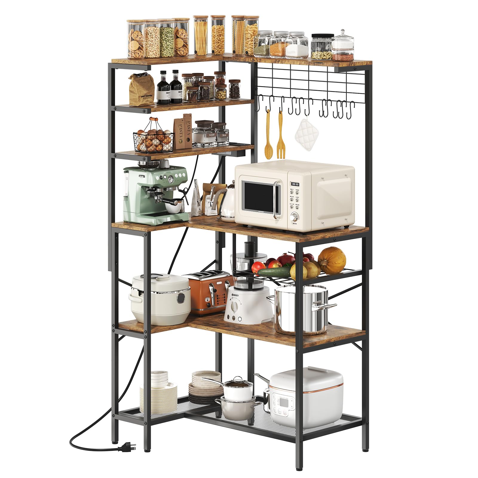 with Power Outlet, 6-Tier Microwave Stand with Open Storage, Coffee Bar with Hooks,